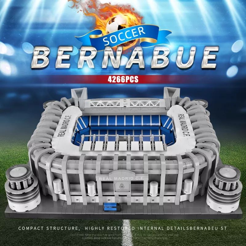 Spielzeugmodell des Bernabéu-Stadions mit 4266 Teilen auf einer Wiese im Hintergrund.