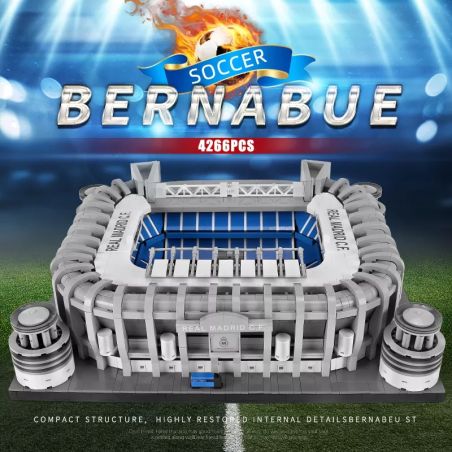 Spielzeugmodell des Bernabéu-Stadions mit 4266 Teilen auf einer Wiese im Hintergrund.