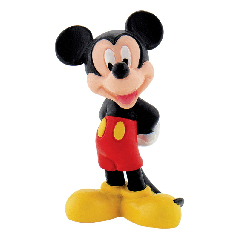 Eine Mickey-Mouse-Figur steht lächelnd, trägt rote Shorts und gelbe Schuhe.