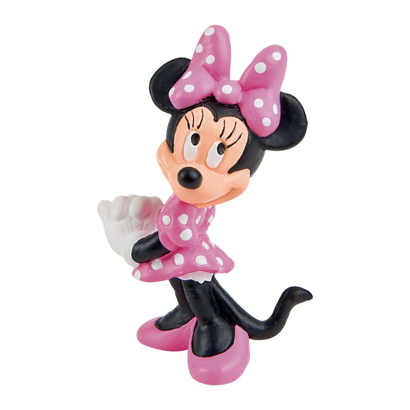 Minnie-Maus-Figur mit rosa gepunktetem Kleid, Schleife und Schuhen steht lächelnd.