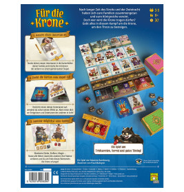 Rückseite einer Brettspielschachtel mit Spielmaterial, Anleitung, Symbolen und gezeichneten Tierfiguren.