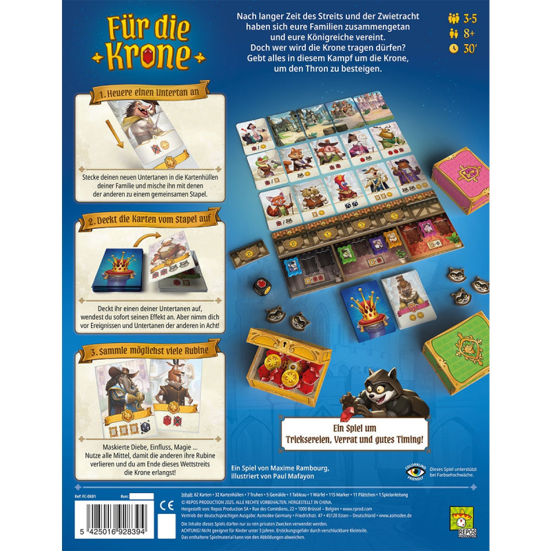 Rückseite einer Brettspielschachtel mit Spielmaterial, Anleitung, Symbolen und gezeichneten Tierfiguren.