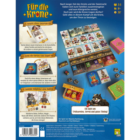 Rückseite einer Brettspielschachtel mit Spielmaterial, Anleitung, Symbolen und gezeichneten Tierfiguren.