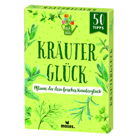 Grüne Kräuterglück-Box mit Kräuterabbildungen und einem 50 Tipps-Hinweis in der Ecke.