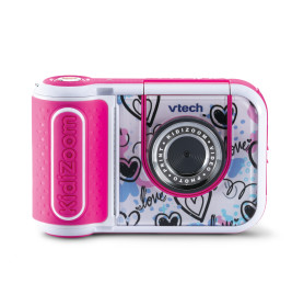 Pink-weiße VTech Kidizoom Kinderkamera mit Herzmotiven und Love-Schriftzug auf der Vorderseite.