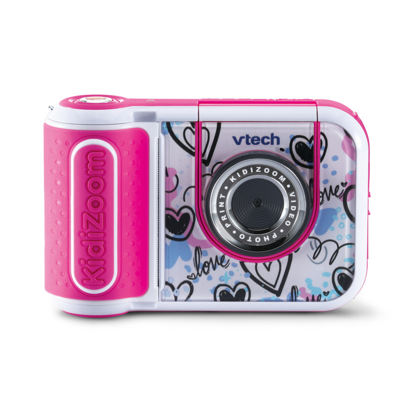Pink-weiße VTech Kidizoom Kinderkamera mit Herzmotiven und Love-Schriftzug auf der Vorderseite.