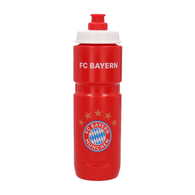 Rote FC Bayern München Trinkflasche mit Vereinslogo, vier goldenen Sternen und rot-weißem Deckel.