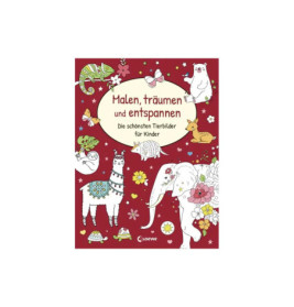 Deutsches Malbuchcover mit gezeichneten Tieren und Blumen auf rotem Hintergrund.