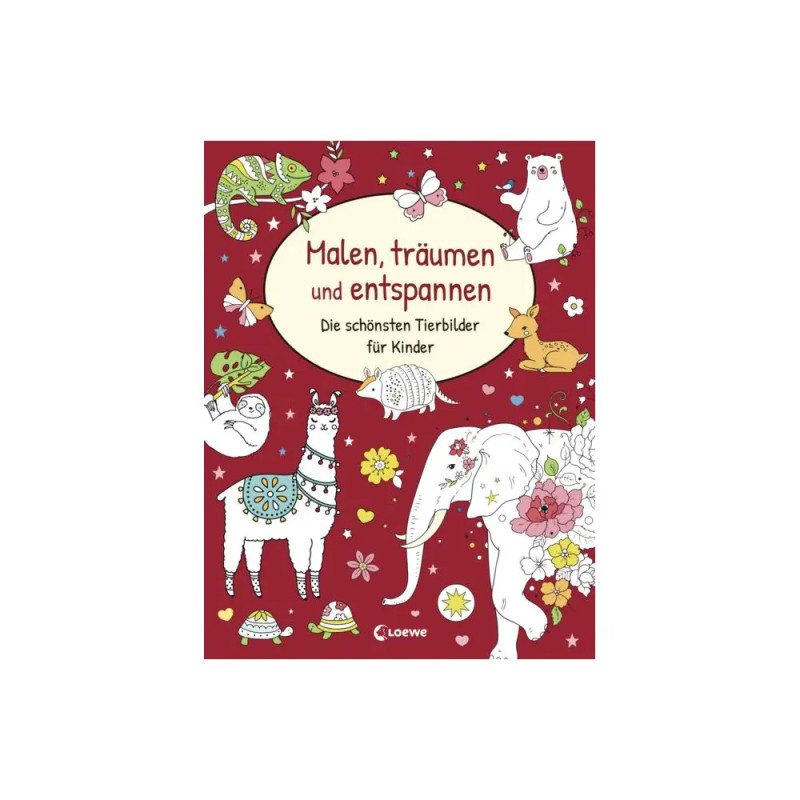 Deutsches Malbuchcover mit gezeichneten Tieren und Blumen auf rotem Hintergrund.
