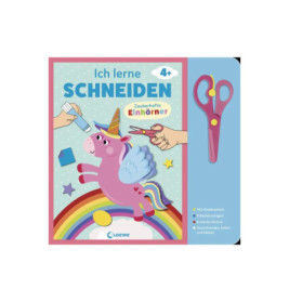 Kinder-Schneidebuch mit Einhorn, Regenbogen und rosa Kinderschere, die rechts angebracht ist.
