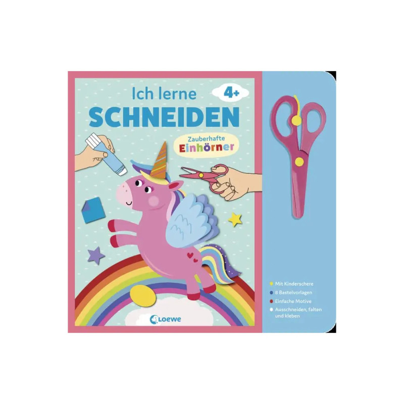Kinder-Schneidebuch mit Einhorn, Regenbogen und rosa Kinderschere, die rechts angebracht ist.