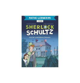 Buchcover von Sherlock Schultz mit Comicfiguren vor einem Haus, Lupe und Diamant.