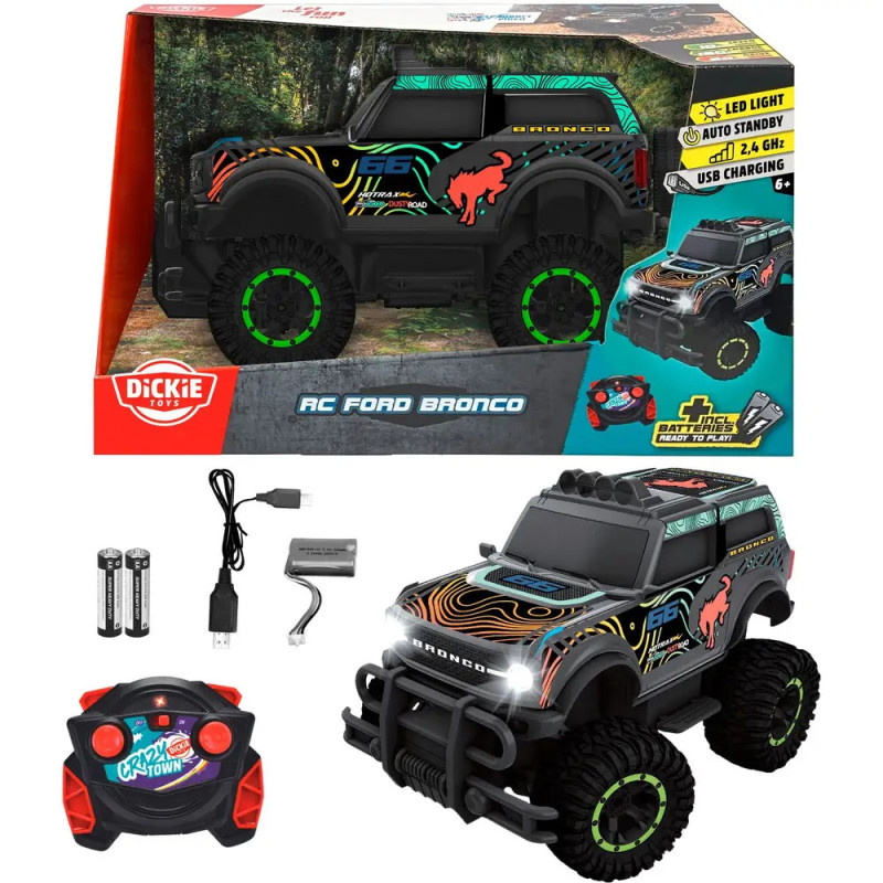 Ferngesteuertes Ford Bronco Spielzeugauto mit LED-Lichtern, Batterien, Ladegerät und Verpackung.