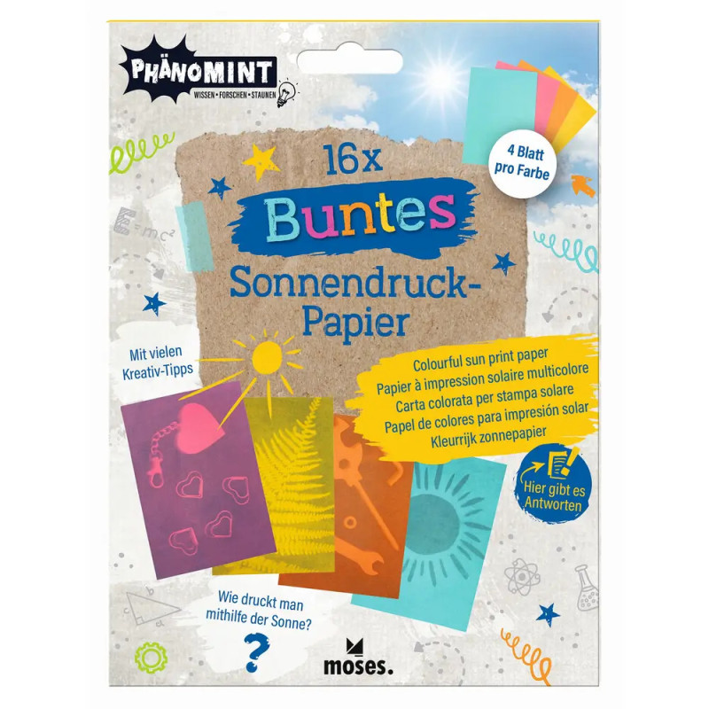 Buntes Sonnendruck-Papier, farbenfrohe Verpackung mit leuchtenden Papierproben und kreativen Dekorationen.