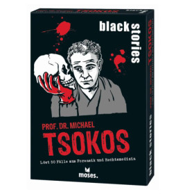 Kartenspielbox mit Mann, der einen Schädel hält, roten Akzenten und dem Titel black stories von Prof. Dr. Michael Tsokos.