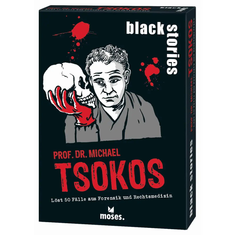 Kartenspielbox mit Mann, der einen Schädel hält, roten Akzenten und dem Titel black stories von Prof. Dr. Michael Tsokos.