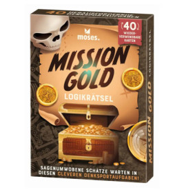 Spielschachtel mit Schatztruhe, Goldmünzen, Totenkopf und dem Titel Mission Gold Logikrätsel.