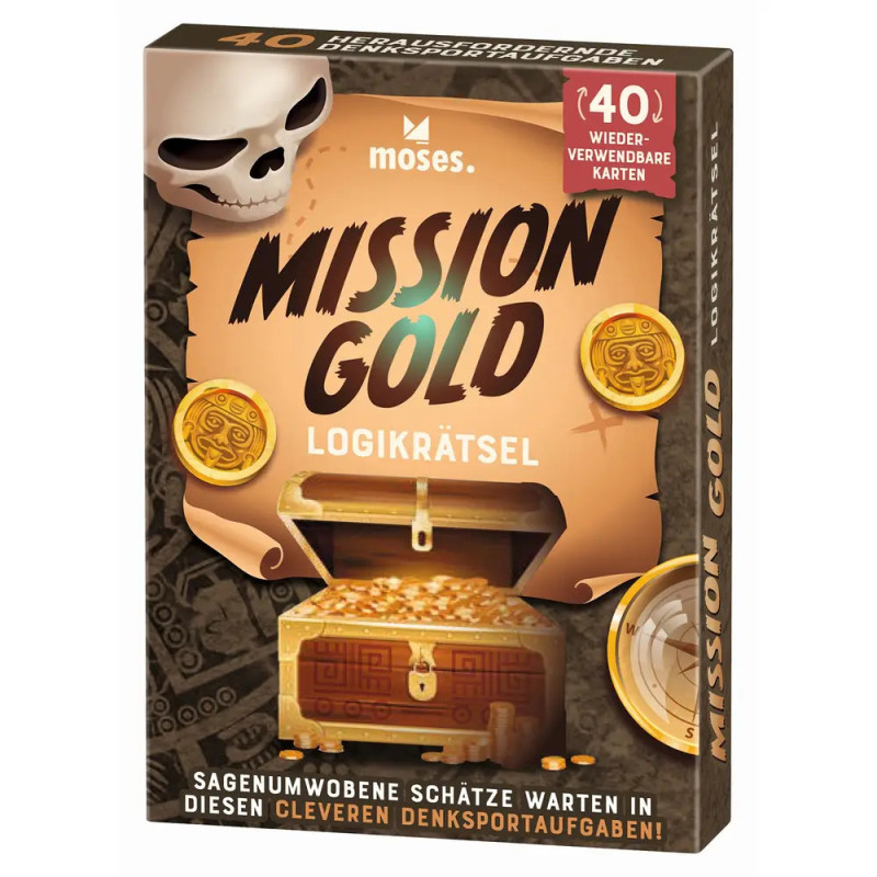 Spielschachtel mit Schatztruhe, Goldmünzen, Totenkopf und dem Titel Mission Gold Logikrätsel.
