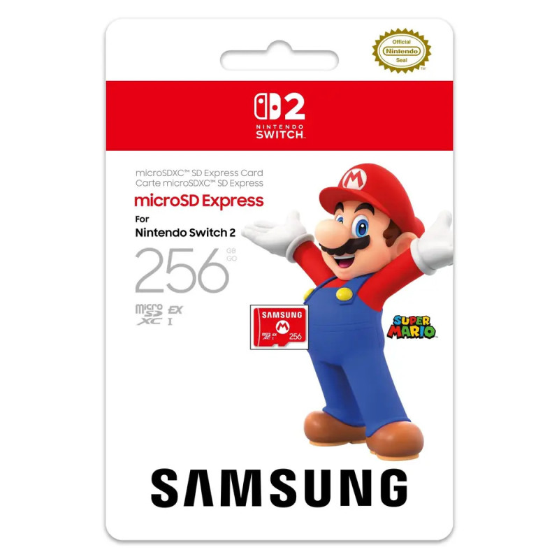 Verpackung der Nintendo Switch 2 Samsung 256GB microSD-Karte mit Mario und Super Mario-Logo.