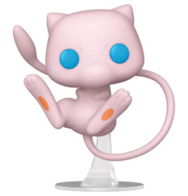 Funko Pop Figur von Mew, einem pinken Pokémon mit blauen Augen, das auf einem transparenten Ständer schwebt.
