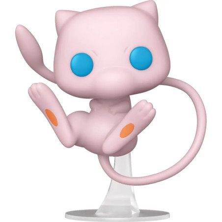 Funko Pop Figur von Mew, einem pinken Pokémon mit blauen Augen, das auf einem transparenten Ständer schwebt.