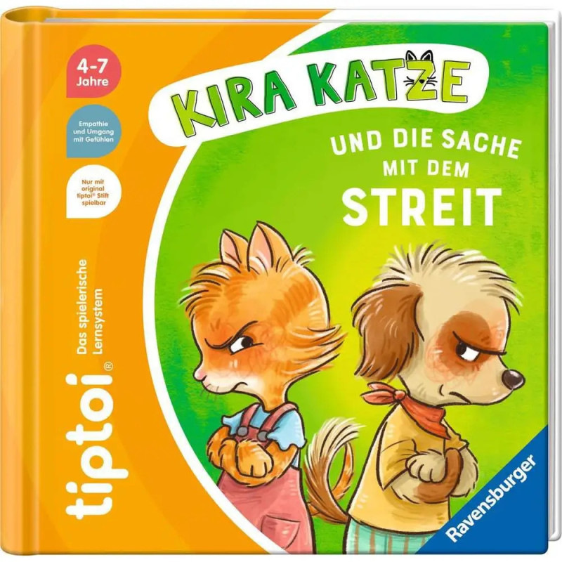 Kinderbuchcover: Eine verärgerte Katze und ein Hund mit verschränkten Armen, Titel: Kira Katze und die Sache mit dem Streit. Kinderbuchcover: Eine verärgerte Katze und ein Hund mit verschränkten Armen, Titel: Kira Katze und die Sache mit dem Streit.