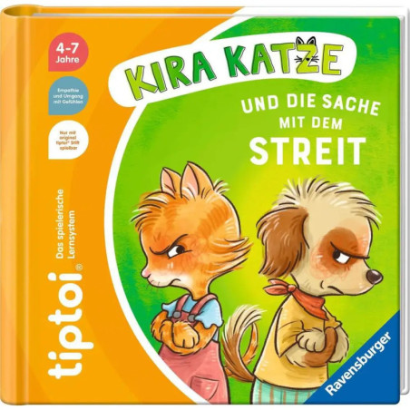 Kinderbuchcover: Eine verärgerte Katze und ein Hund mit verschränkten Armen, Titel: Kira Katze und die Sache mit dem Streit.