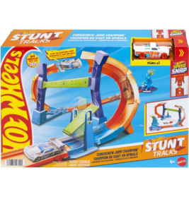 Hot Wheels Stunt Tracks Spielset in der Box mit Korkenzieher-Sprungbahn und Spielzeugauto.