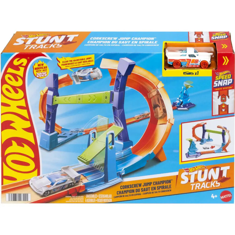 Hot Wheels Stunt Tracks Spielset in der Box mit Korkenzieher-Sprungbahn und Spielzeugauto. Hot Wheels Stunt Tracks Spielset in der Box mit Korkenzieher-Sprungbahn und Spielzeugauto.