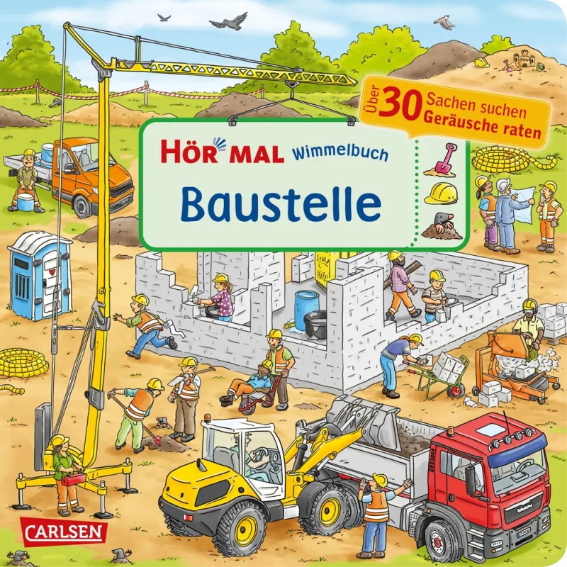 Kinder und Bauarbeiter errichten ein Haus auf einer lebhaften, bunten Baustelle mit Fahrzeugen und Werkzeugen.