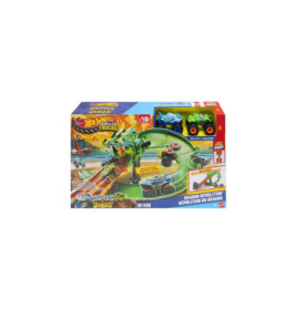 Hot Wheels Monster Trucks Dragon Demolition Spielset, Fahrzeuge durch Verpackung sichtbar.