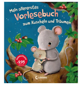 Zwei Mäuse kuscheln unter einem beerentragenden Baum deutsches Kinderbuchcover mit blauem Hintergrund.
