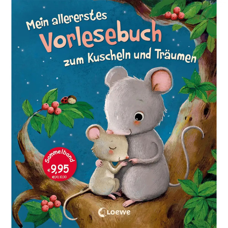 Zwei Mäuse kuscheln unter einem beerentragenden Baum deutsches Kinderbuchcover mit blauem Hintergrund.