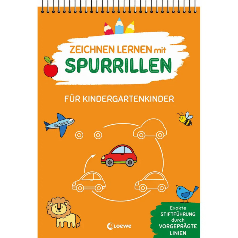 Oranger Buchumschlag mit Autos, Flugzeug, Löwe, Vogel deutscher Titel übers Zeichnen für Kinder.