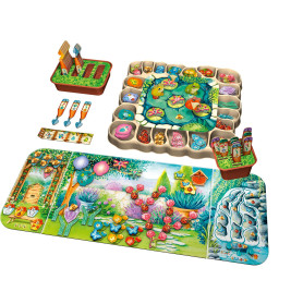 Buntes Kinderspiel mit Tierfiguren, Spielsteinen, Spielbrettern und naturbezogenen Details.