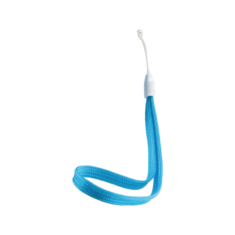 Blaues Armband mit weißer Kunststoffschlaufe, freigestellt vor weißem Hintergrund.