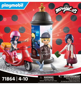 Zwei Playmobil Miraculous Ladybug Figuren mit Roller, Tauben und Litfaßsäule, für Kinder von 4-10 Jahren.