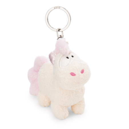 Kuscheliger Einhorn-Schlüsselanhänger mit pinken Akzenten, steht aufrecht und blickt nach oben.