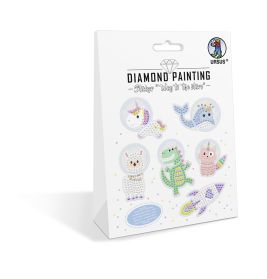 Diamond Painting Sticker-Set mit pastellfarbenen Tieren, Einhorn, Rakete und Sternen auf weißer Verpackung.