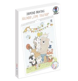 Schachtel eines Diamond Painting Kalender-Sets mit fröhlichen Tieren im Freien, Luftballons und Bannern.