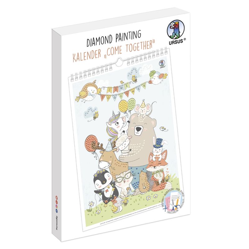 Schachtel eines Diamond Painting Kalender-Sets mit fröhlichen Tieren im Freien, Luftballons und Bannern.