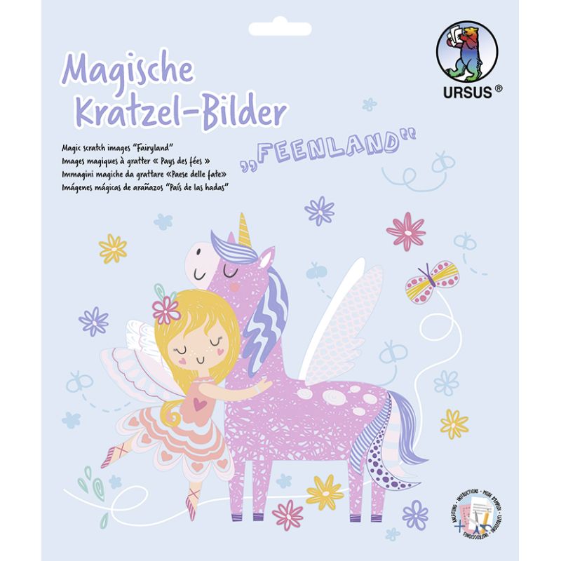 Eine Fee umarmt ein lilafarbenes Einhorn, umgeben von Blumen und einem Schmetterling, "FEENLAND" steht darüber.