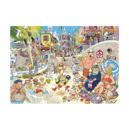 Belebte, farbenfrohe Cartoon-Strandszene mit Menschen beim Sonnenbaden, Schwimmen und Spielen im Sand und Wasser.
