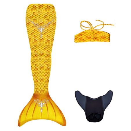 Gelber Meerjungfrauenschwanz, passendes Bikinioberteil und schwarze Monoflosse auf weißem Hintergrund.