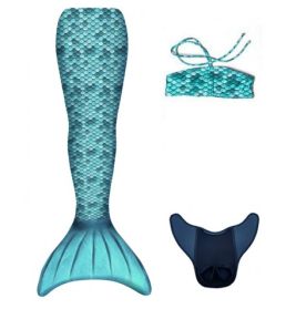 Blaues Meerjungfrauenkostüm mit passendem Bikini-Top und schwarzer Monoflosse auf weißem Hintergrund.
