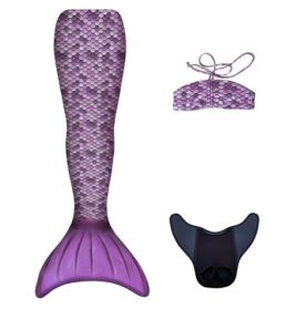 Lila Meerjungfrau-Kostümset mit Bikini-Top und schwarzer Monoflosse vor weißem Hintergrund.