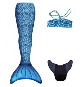 Blaues Meerjungfrauenflossen-Kostüm mit Schuppe-Top, beide auf weißem Hintergrund liegend.