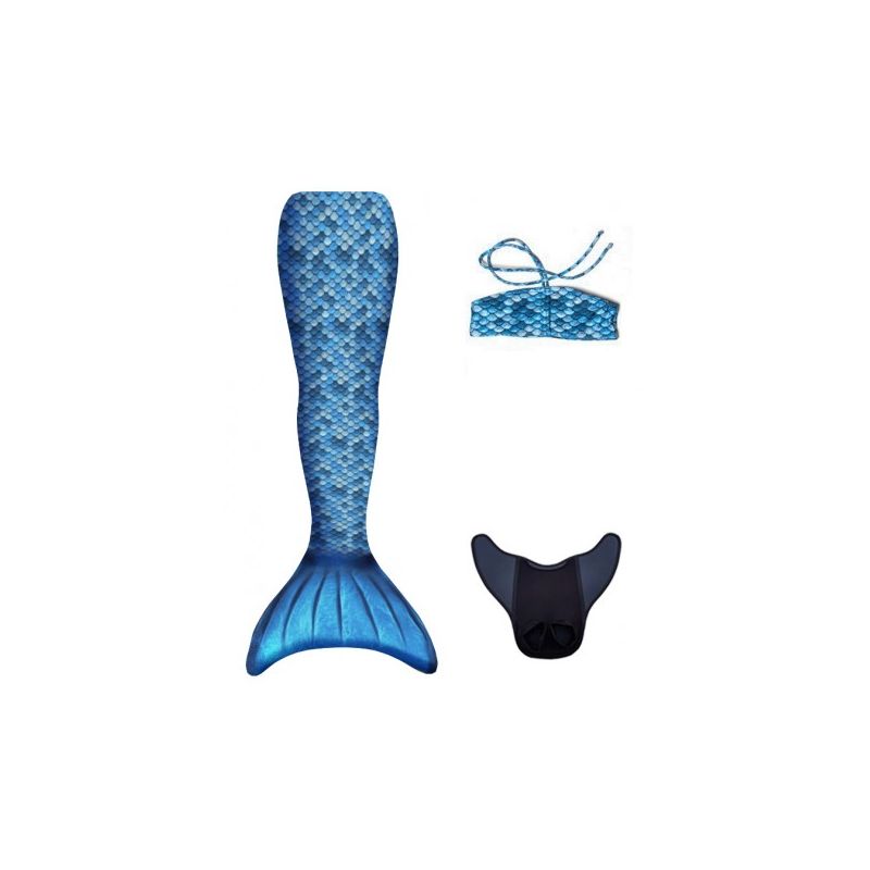Blaues Meerjungfrauenflossen-Kostüm mit Schuppe-Top, beide auf weißem Hintergrund liegend.