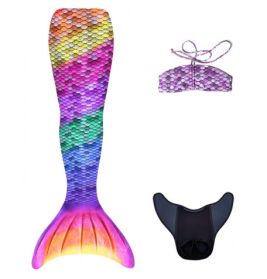 Meerjungfrauenschwanz-Set mit buntem Flossenschwanz, lila Bikini-Top und schwarzem Monoflosse auf Weiß.