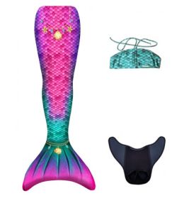 Bunte Meerjungfrauenflosse, blaues Bikini-Oberteil und schwarze Monoflosse auf weißem Hintergrund.